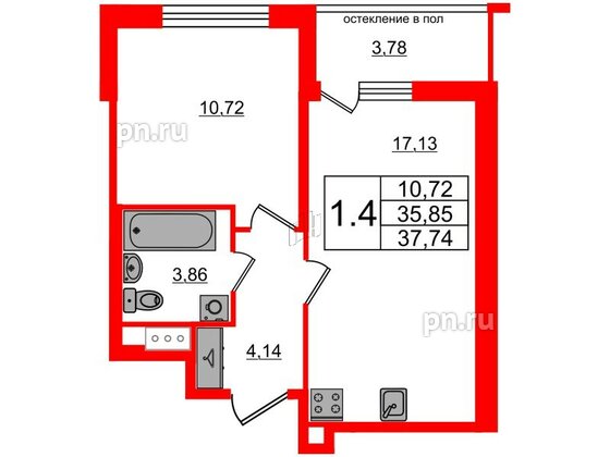 Квартира в ЖК Титул в Московском, 1 комнатная, 35.85 м², 10 этаж