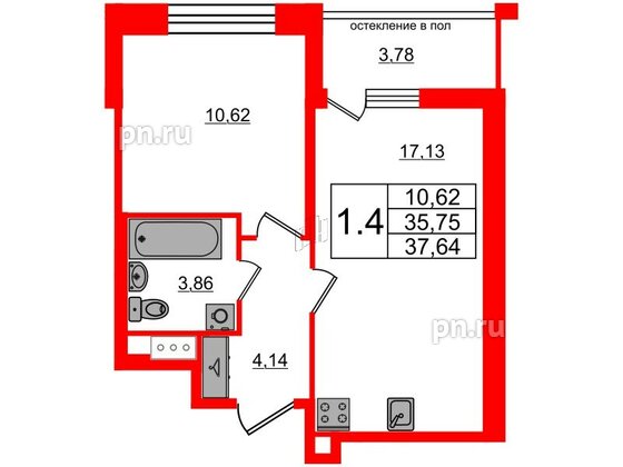 Квартира в ЖК Титул в Московском, 1 комнатная, 35.75 м², 7 этаж