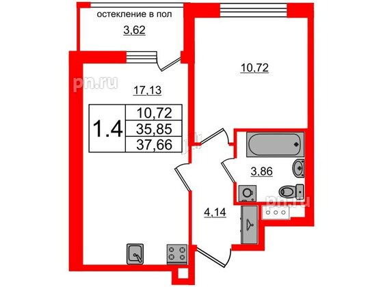 Квартира в ЖК Титул в Московском, 1 комнатная, 35.85 м², 9 этаж