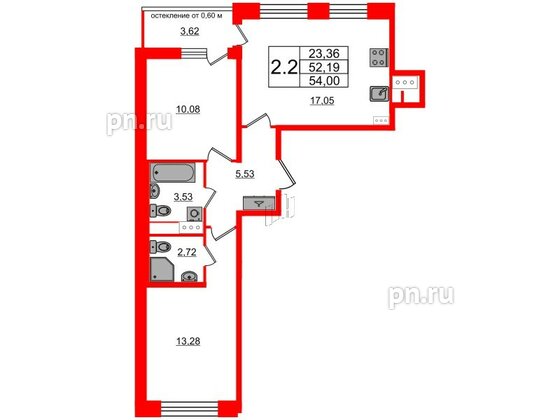 Квартира в ЖК Титул в Московском, 2 комнатная, 52.19 м², 4 этаж