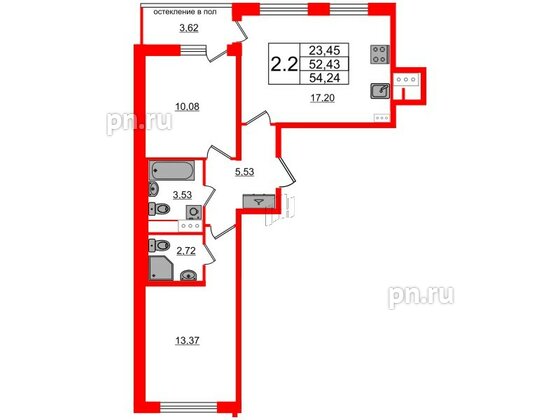 Квартира в ЖК Титул в Московском, 2 комнатная, 52.43 м², 9 этаж