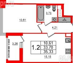 Квартира в ЖК «Титул в Московском», 1 комнатная, 33.7 м², 3 этаж