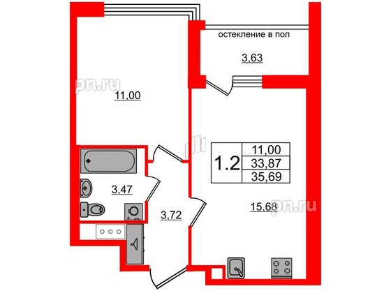 Квартира в ЖК Титул в Московском, 1 комнатная, 33.87 м², 8 этаж