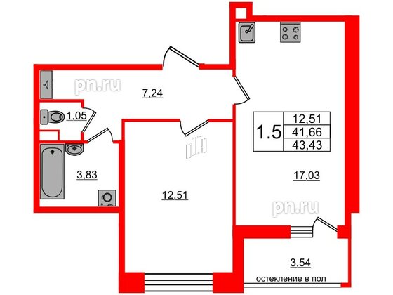 Квартира в ЖК Титул в Московском, 1 комнатная, 41.66 м², 1 этаж