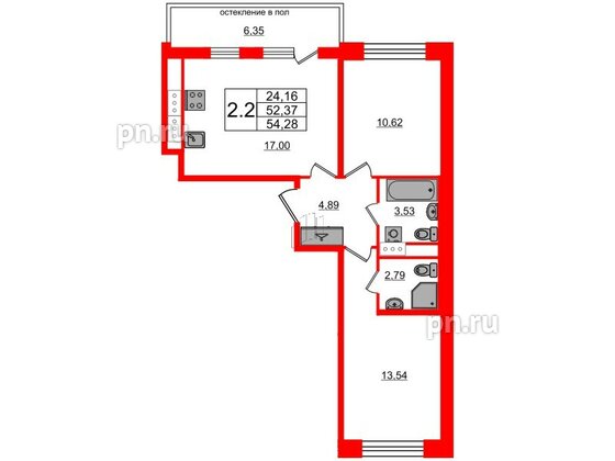 Квартира в ЖК Титул в Московском, 2 комнатная, 52.37 м², 4 этаж