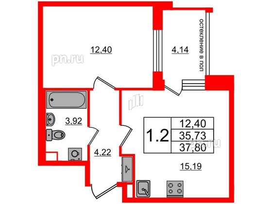 Квартира в ЖК Титул в Московском, 1 комнатная, 35.73 м², 1 этаж