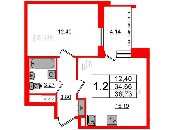 Квартира в ЖК Титул в Московском, 1 комнатная, 34.66 м², 9 этаж