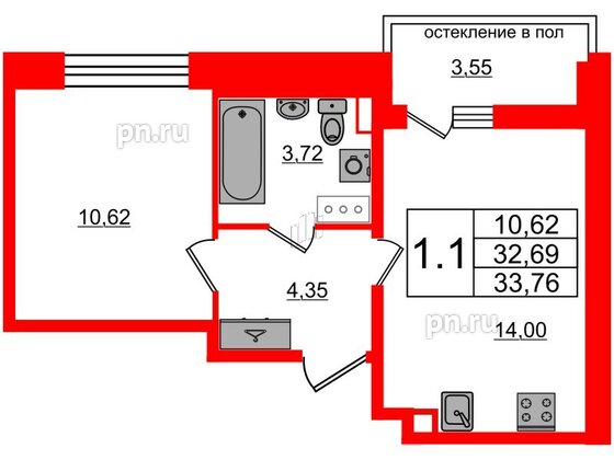 Квартира в ЖК Титул в Московском, 1 комнатная, 32.69 м², 9 этаж