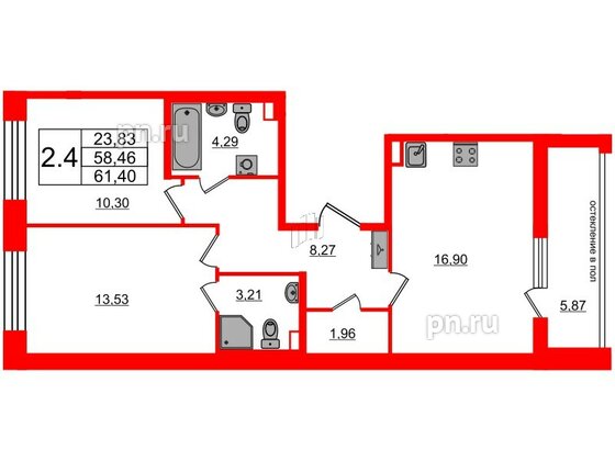 Квартира в ЖК Титул в Московском, 2 комнатная, 58.46 м², 2 этаж