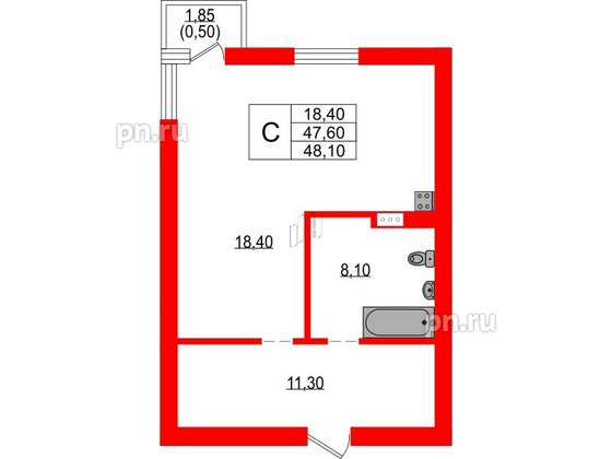 Квартира в ЖК Куралева, 13, студия, 48.1 м², 2 этаж