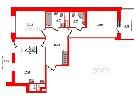 Квартира в ЖК «Титул в Московском», 2 комнатная, 58.32 м², 4 этаж