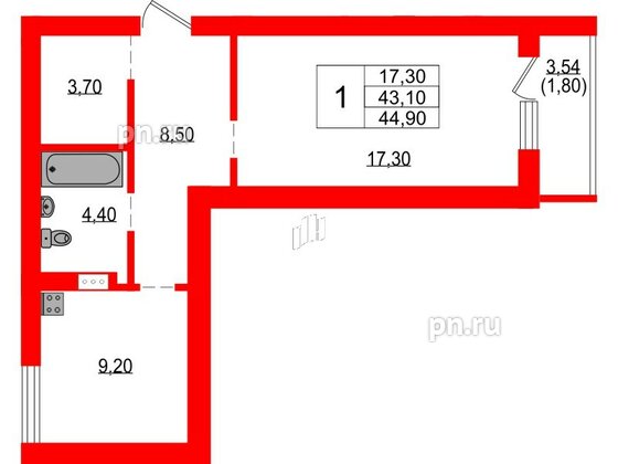 Квартира в ЖК Куралева, 13, 1 комнатная, 44.9 м², 3 этаж