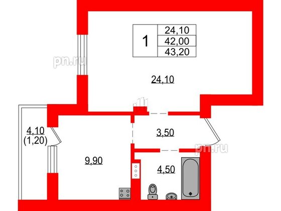 Квартира в ЖК Куралева, 13, 1 комнатная, 43.2 м², 1 этаж