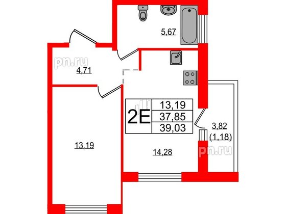 Квартира в ЖК Южная Нева, 1 комнатная, 39.03 м², 3 этаж