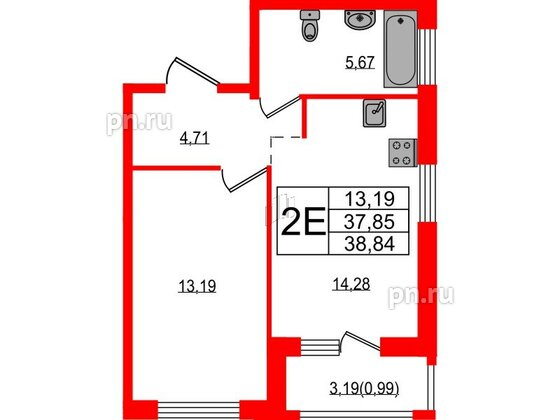 Квартира в ЖК Южная Нева, 1 комнатная, 38.84 м², 10 этаж