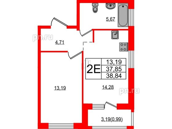 Квартира в ЖК Южная Нева, 1 комнатная, 38.84 м², 12 этаж