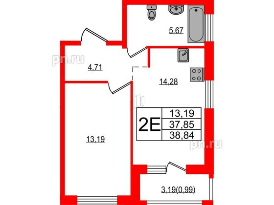 Квартира в ЖК Южная Нева, 1 комнатная, 38.84 м², 14 этаж