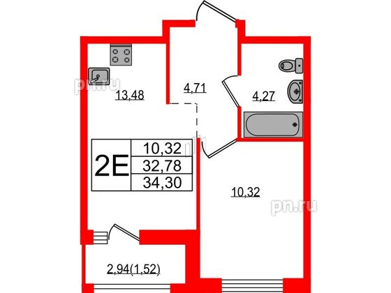 Квартира в ЖК Южная Нева, 1 комнатная, 34.3 м², 2 этаж