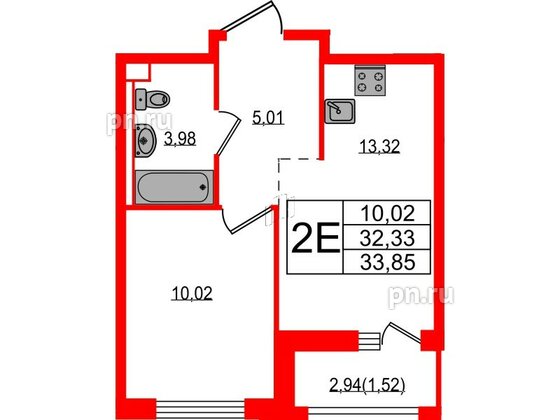 Квартира в ЖК Южная Нева, 1 комнатная, 33.85 м², 2 этаж