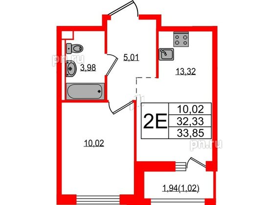 Квартира в ЖК Южная Нева, 1 комнатная, 33.85 м², 15 этаж