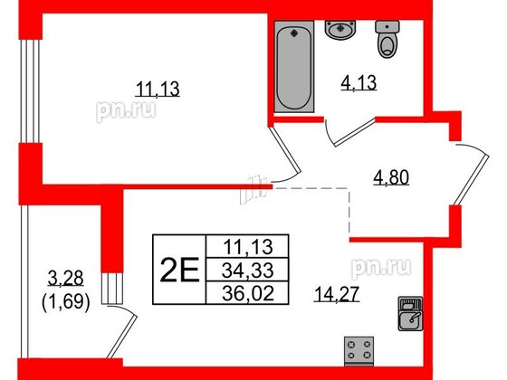 Квартира в ЖК Южная Нева, 1 комнатная, 36.02 м², 7 этаж