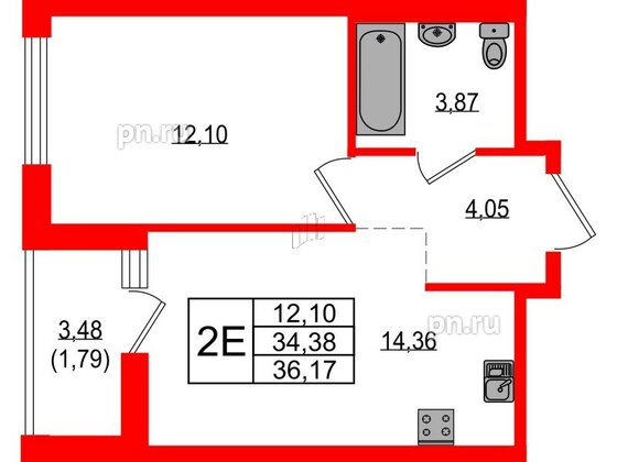 Квартира в ЖК Южная Нева, 1 комнатная, 36.17 м², 20 этаж