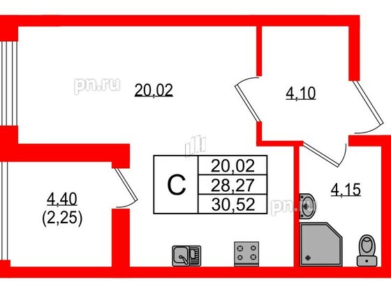 Квартира в ЖК Южная Нева, студия, 30.52 м², 7 этаж