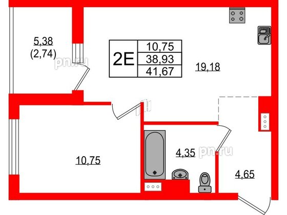 Квартира в ЖК Южная Нева, 1 комнатная, 41.67 м², 3 этаж