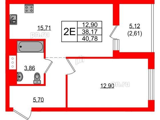 Квартира в ЖК Южная Нева, 1 комнатная, 40.78 м², 2 этаж