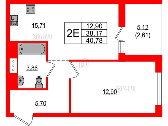 Квартира в ЖК Южная Нева, 1 комнатная, 40.78 м², 11 этаж