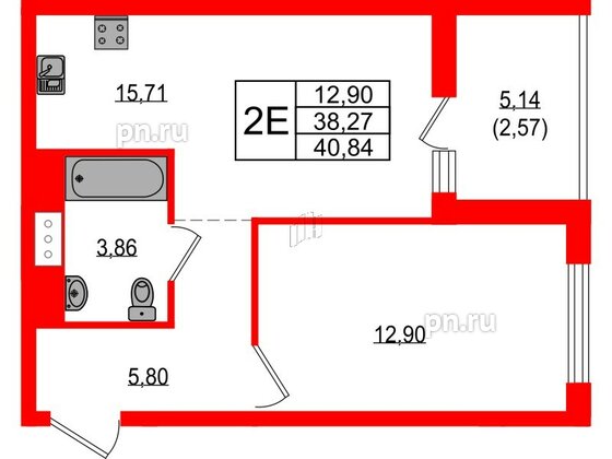 Квартира в ЖК Южная Нева, 1 комнатная, 40.84 м², 17 этаж