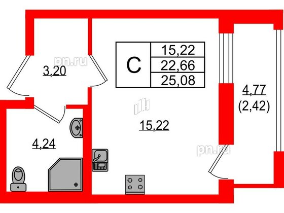 Квартира в ЖК Южная Нева, студия, 25.08 м², 20 этаж