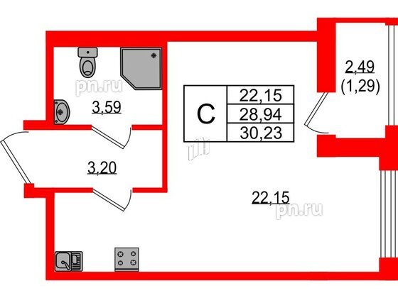 Квартира в ЖК Южная Нева, студия, 30.23 м², 2 этаж