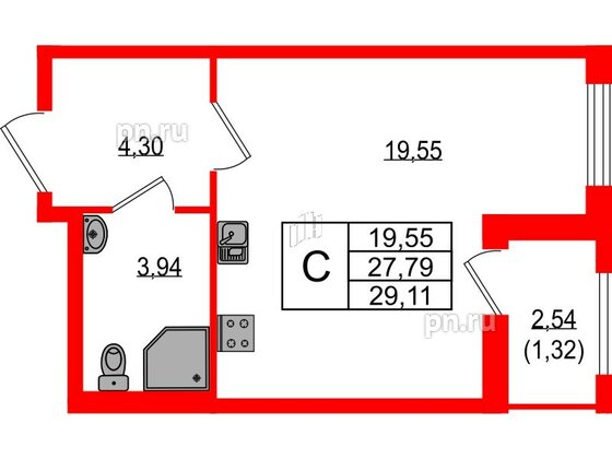 Квартира в ЖК Южная Нева, студия, 29.11 м², 3 этаж