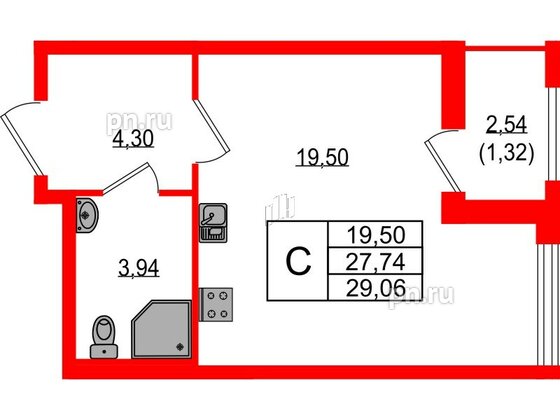 Квартира в ЖК Южная Нева, студия, 29.06 м², 5 этаж