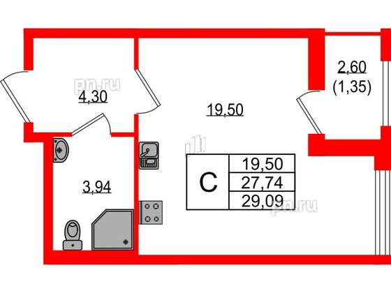 Квартира в ЖК Южная Нева, студия, 29.09 м², 18 этаж