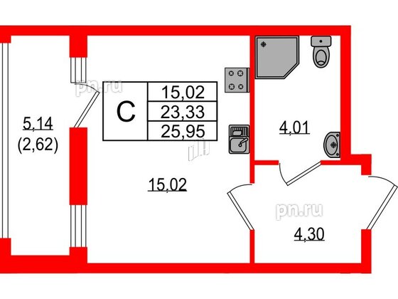 Квартира в ЖК Южная Нева, студия, 25.95 м², 3 этаж