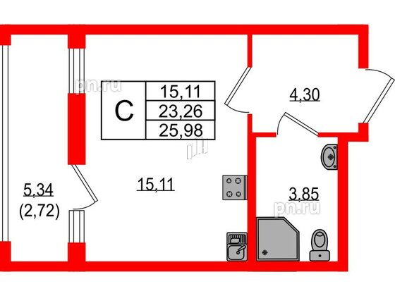 Квартира в ЖК Южная Нева, студия, 25.98 м², 15 этаж