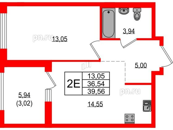 Квартира в ЖК Южная Нева, 1 комнатная, 39.56 м², 2 этаж