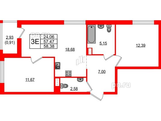 Квартира в ЖК Южная Нева, 2 комнатная, 58.38 м², 5 этаж