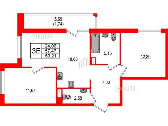 Квартира в ЖК Южная Нева, 2 комнатная, 59.21 м², 9 этаж