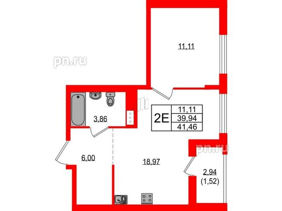 Квартира в ЖК Южная Нева, 1 комнатная, 41.46 м², 5 этаж