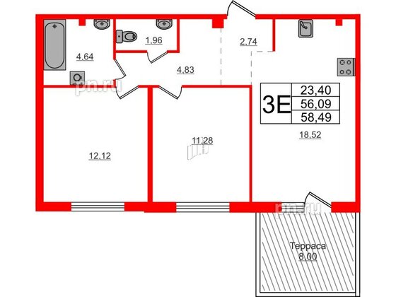 Квартира в ЖК Счастье 2.0, 2 комнатная, 58.5 м², 1 этаж