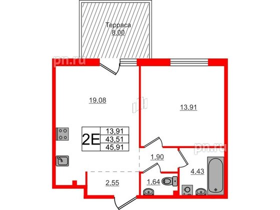 Квартира в ЖК Счастье 2.0, 1 комнатная, 45.9 м², 1 этаж