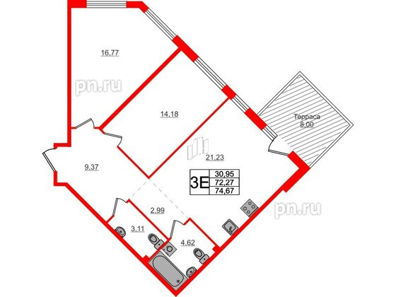 Квартира в ЖК Счастье 2.0, 2 комнатная, 74.7 м², 1 этаж