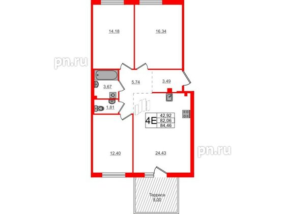 Квартира в ЖК Счастье 2.0, 3 комнатная, 84.4 м², 1 этаж