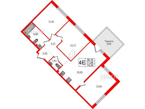 Квартира в ЖК Счастье 2.0, 3 комнатная, 74.26 м², 1 этаж