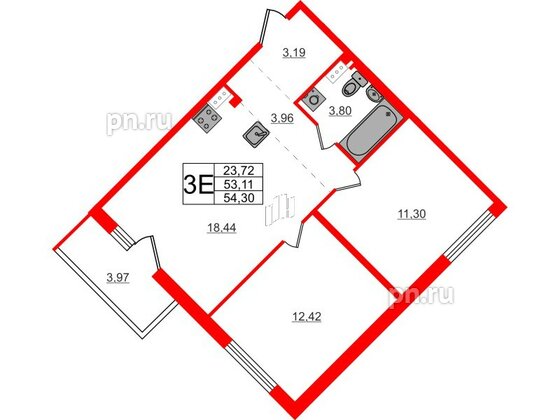 Квартира в ЖК Счастье 2.0, 2 комнатная, 54.4 м², 5 этаж