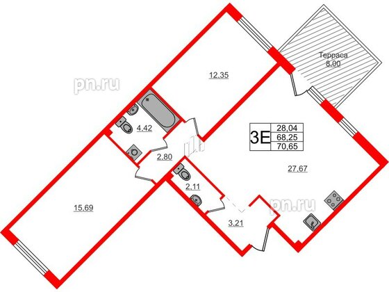 Квартира в ЖК Счастье 2.0, 2 комнатная, 70.7 м², 1 этаж