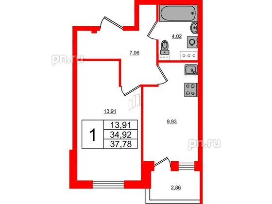 Квартира в ЖК Ново-Антропшино, 1 комнатная, 36.35 м², 8 этаж